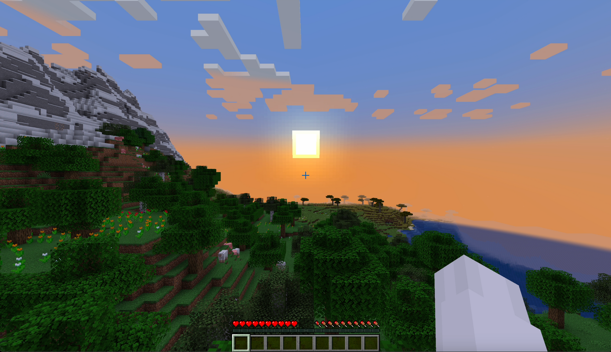 Dusk, or sunset, in a Minecraft world
