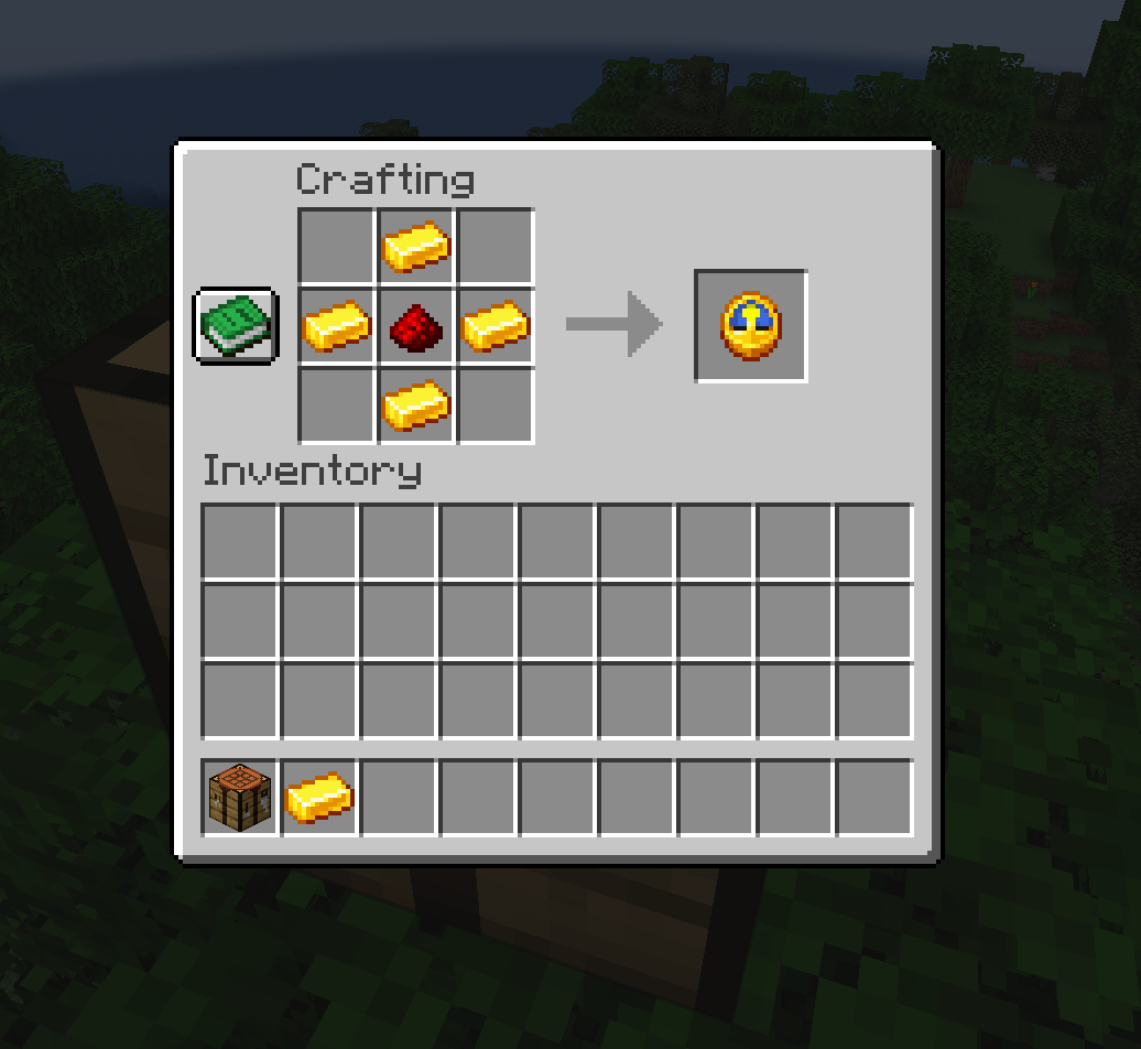 Crafting table showing 4 gold ingots and a single redstone to craft a clock