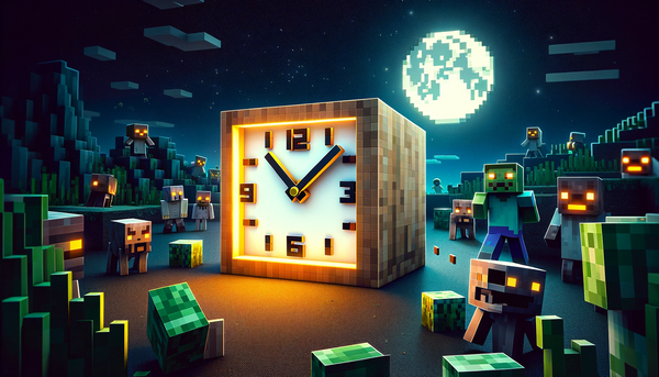 Minecraft night scene showing a clock with zombies, skeletons, and creepers emerging.